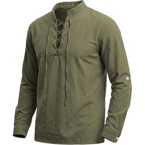 Men’s Pirate Shirt Renaissance Costume Medieval Viking Long Sleeve Cotton Linen Lace up Shirt Halloween Cosplay Costume(Army Green)