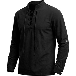 Men’s Pirate Shirt Renaissance Costume Medieval Viking Long Sleeve Cotton Linen Lace up Shirt Halloween Cosplay Costume(Black)