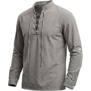 Men’s Pirate Shirt Renaissance Costume Medieval Viking Long Sleeve Cotton Linen Lace up Shirt Halloween Cosplay Costume(Grey)