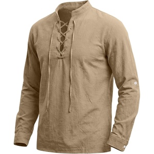 Men’s Pirate Shirt Renaissance Costume Medieval Viking Long Sleeve Cotton Linen Lace up Shirt Halloween Cosplay Costume(Khaki)