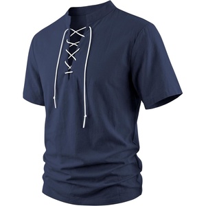 Men’s Pirate Shirt Renaissance Costume Medieval Viking Long Sleeve Cotton Linen Lace up Shirt Halloween Cosplay Costume(Navy Blue)