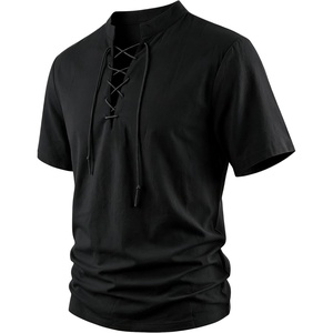 Men’s Pirate Shirt Renaissance Costume Medieval Viking Long Sleeve Cotton Linen Lace up Shirt Halloween Cosplay Costume(Pure Black)