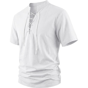 Men’s Pirate Shirt Renaissance Costume Medieval Viking Long Sleeve Cotton Linen Lace up Shirt Halloween Cosplay Costume(Pure White)