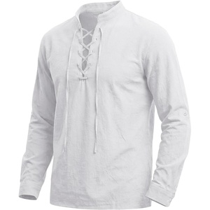 Men’s Pirate Shirt Renaissance Costume Medieval Viking Long Sleeve Cotton Linen Lace up Shirt Halloween Cosplay Costume(White)