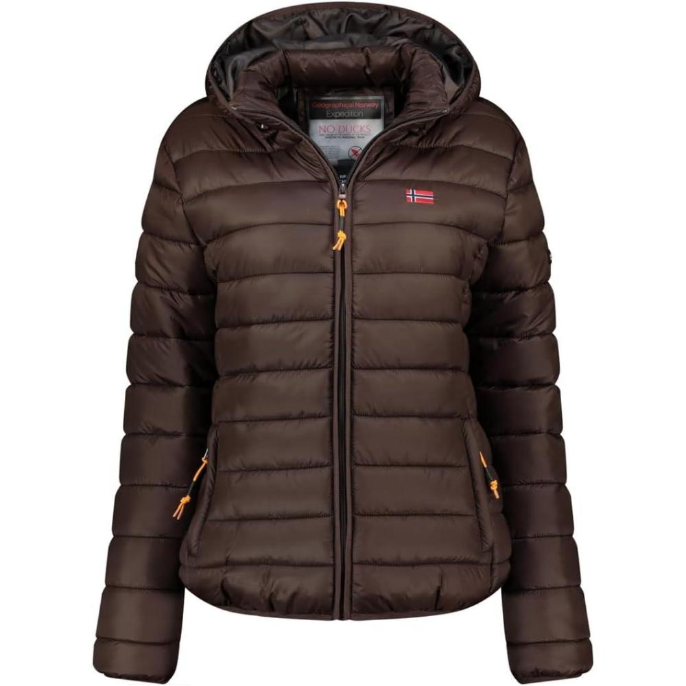 imageGeographical Norway Atikolor Hood Doudoune Lgre Femme avec Capuche Blouson Matelass Chaud MiSaison Style Urbain Poches Zippes Badge ampamp Drapeau Brods Coupe FminineMarron Fonce