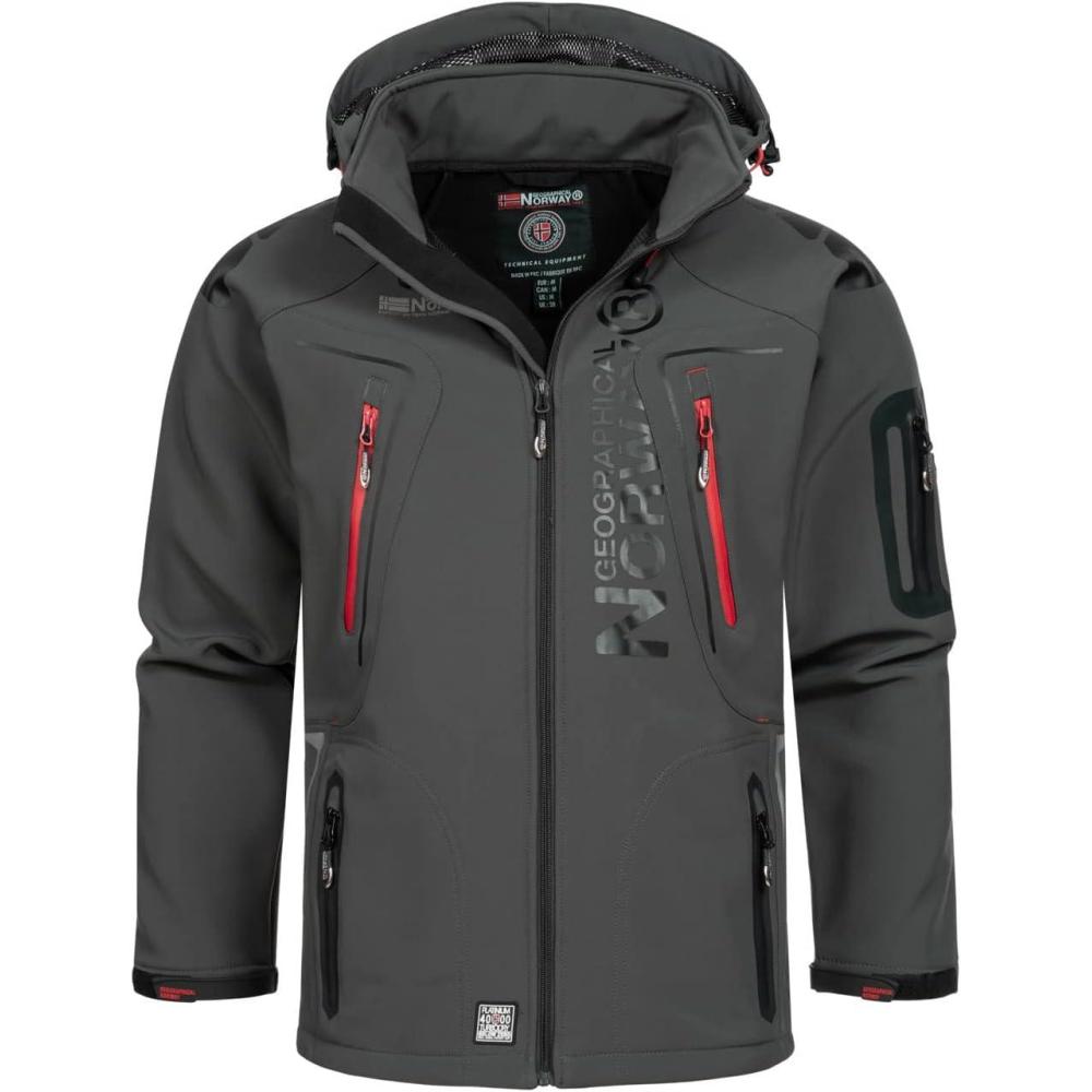 imageGeographical Norway Techno Men Veste Softshell Capuche Homme Impermeable Manteau Outdoor Blouson Coupe Vent Tactique Resistant Randonnee Ski Automne Hiver PrintempsGris Fonce Rouge