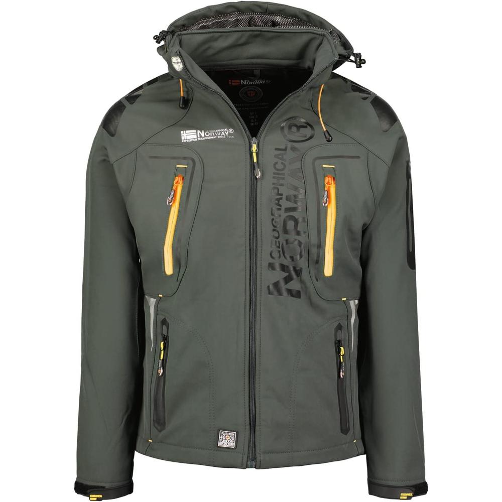 imageGeographical Norway Techno Men Veste Softshell Capuche Homme Impermeable Manteau Outdoor Blouson Coupe Vent Tactique Resistant Randonnee Ski Automne Hiver PrintempsGris fonce Orange