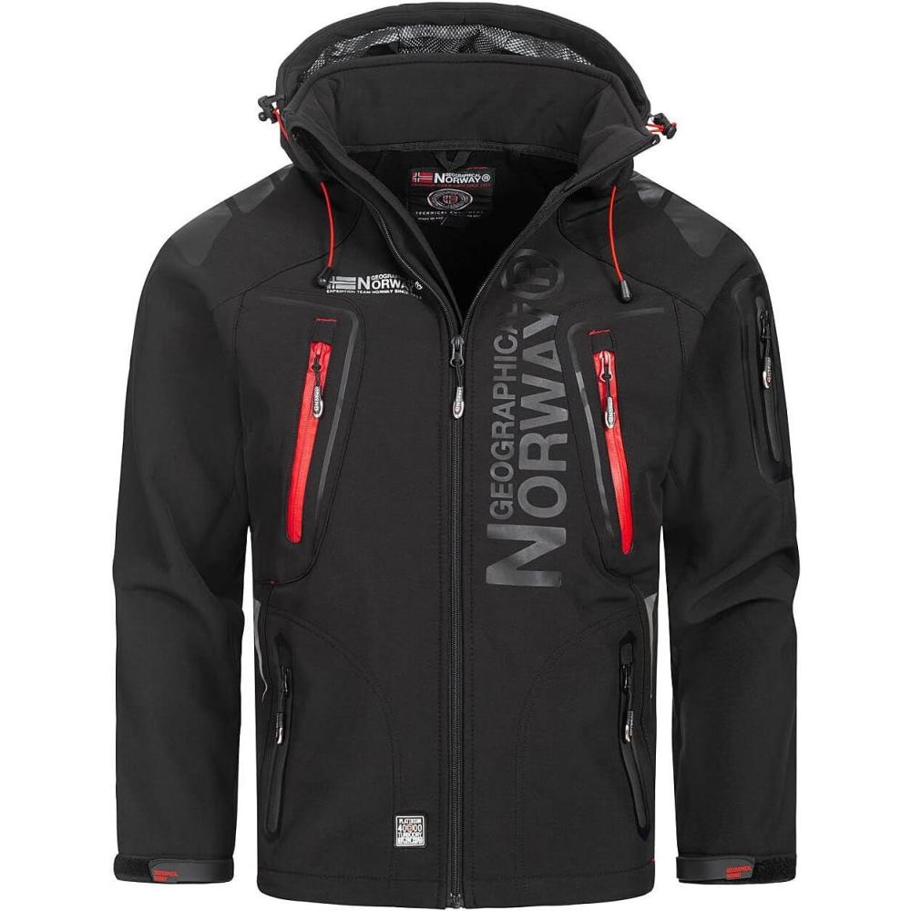 imageGeographical Norway Techno Men Veste Softshell Capuche Homme Impermeable Manteau Outdoor Blouson Coupe Vent Tactique Resistant Randonnee Ski Automne Hiver PrintempsNoir Rouge