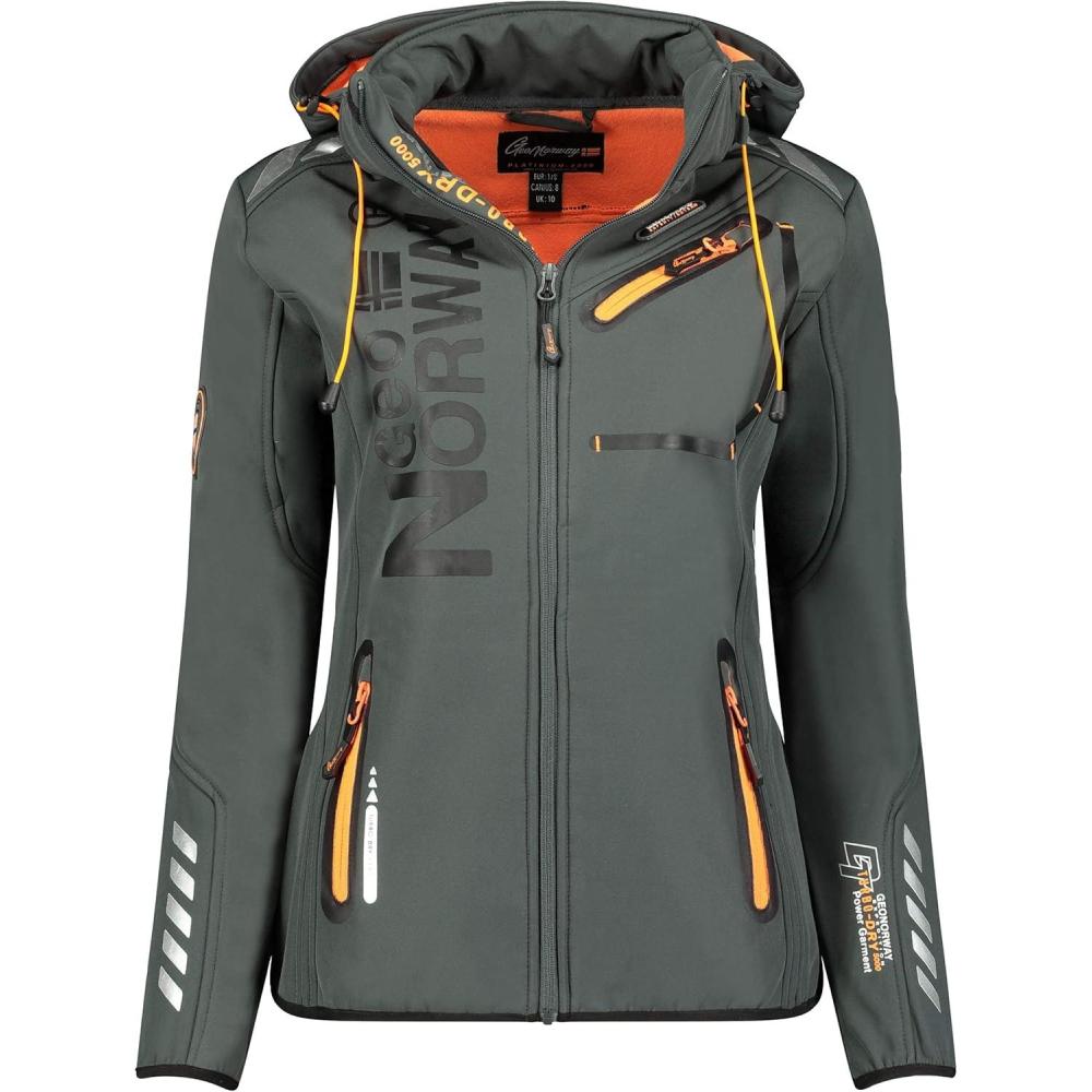 image:imageGEO NORWAY REINE LADY Veste Softshell Femme Impermeable Jacket Chaud Capuche Outdoor Blouson Zippes Coupe Vent Resistant Hiver Activites En Exterieur Randonne grisorange S