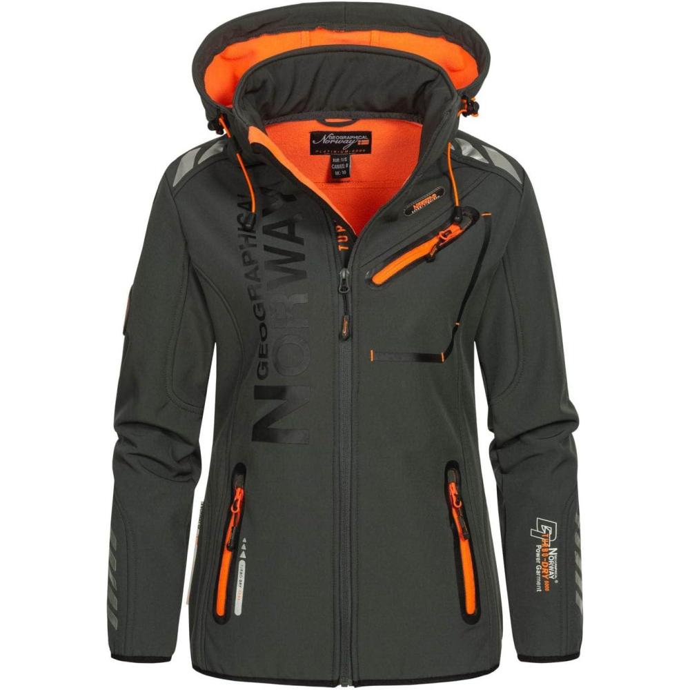 image:imageGeographical Norway Reine Lady Veste Manteau Softshell Femme Capuche Impermeable Blouson Coupe Vent Resistant Doudoune Polaire Randonnee Ski Automne Hiver PrintempsGris Fonce Orange
